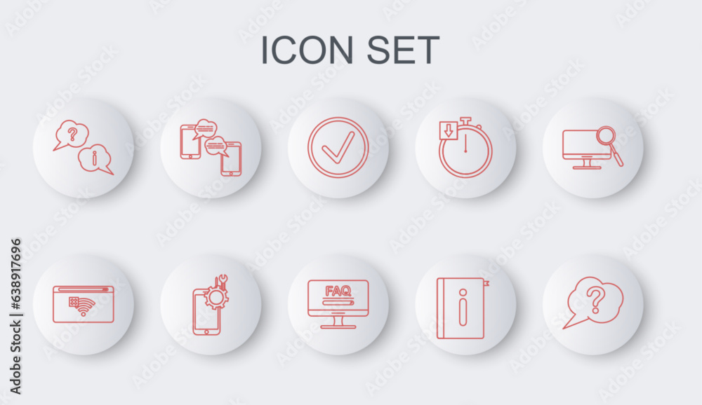 Poster set line speech bubble question, no internet connection, check mark in circle, user manual, and excl