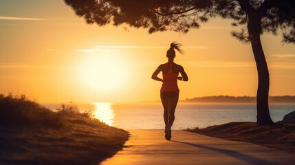 Fototapeta na wymiar Young fitness woman running on sunrise seaside trail