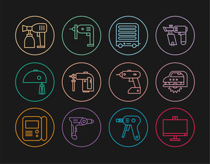 Set line Computer monitor, Electric circular saw, heater, Rotary hammer drill machine, mixer, Paint spray gun, cordless screwdriver and icon. Vector