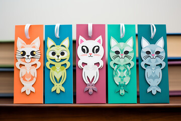  a collection of bookmarks, each showcasing a different cute cat design in a 2D paper cut-out style. 