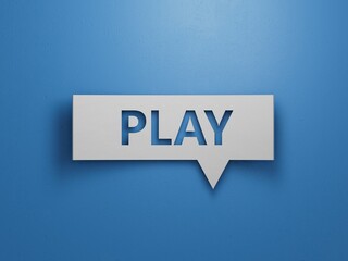 Play - Speech Bubble. Minimalist Abstract Design. White Cut Out Paper on Blue Background. Business Concept. 3D Render.
