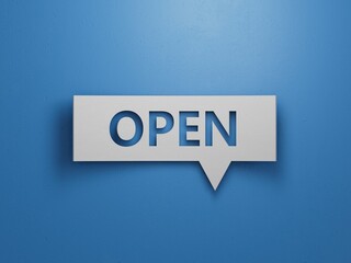Open - Speech Bubble. Minimalist Abstract Design. White Cut Out Paper on Blue Background. Business Concept. 3D Render.
