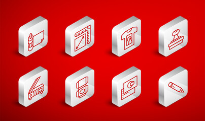 Set line Pencil with eraser, Paper size, T-shirt, Stamp, Business card, Roll of paper, Carton cardboard box and Scanner icon. Vector