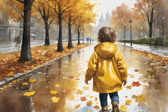 Rear view of a child with wavy hair in a yellow raincoat runs and jumps through the puddles in the autumn park during the rain. cute bright illustration