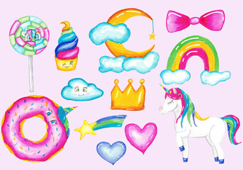 unicorn, watercolor set for girls. baby stickers, rainbow star heart. sweets, candy, donut, caramel on a stick, moon. 