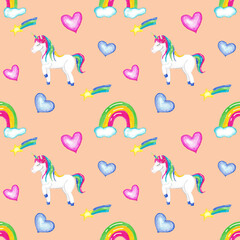 Unicorn, watercolor pattern for girls. wallpaper for nursery. rainbow star heart. seamless.