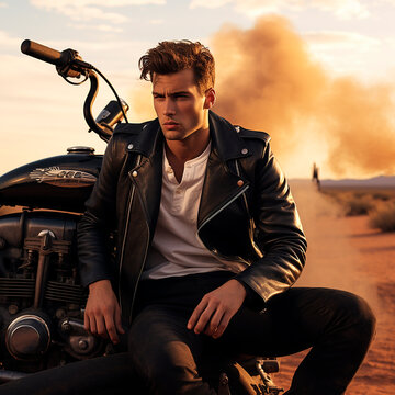 Cool Biker Dude resting on Motorcycle on desert road with smoke billowing in back ground 