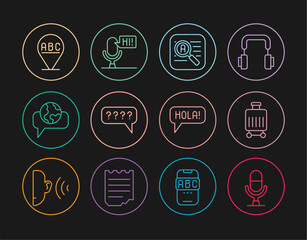 Set line Microphone voice device, Suitcase, Translator, Speech bubbles with Question, Learning foreign languages, Alphabet, Hola different and icon. Vector
