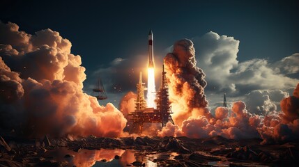 Fusée au décollage avec beaucoup de fumée