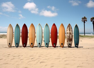 Planches de surf planté dans le sable et alignés multi couleurs