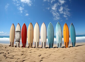 Planches de surf planté dans le sable et alignés multi couleurs