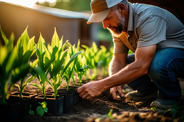 Fototapeta premium Farmer examining corn plant in field. Agricultural activity at cultivated land.