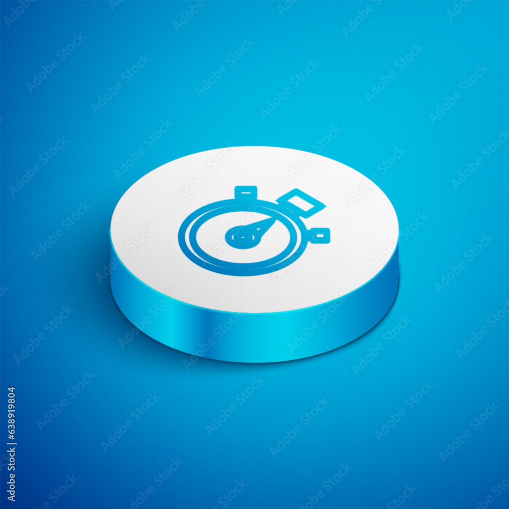 Poster isometric line stopwatch icon isolated on blue background. time timer sign. chronometer sign. white 