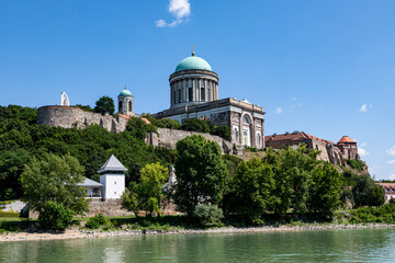 View of the Esztergom Basilica at the Castle Hill from the opposite bank of Danube, Hungary. The...