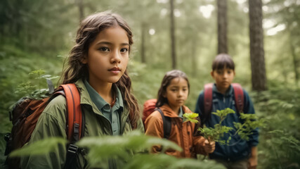 Fototapeta premium Little student hikers in the mountains.Back to school