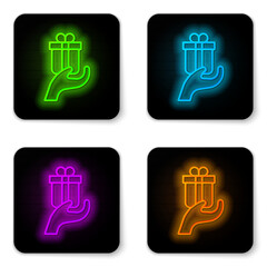 Glowing neon line Give gift icon isolated on white background. Gift in hand. The concept of giving and receiving a gift. Black square button. Vector