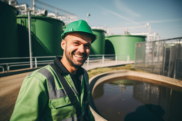 Sewage treatment plant employee portrait , wearing green security outfit, domestic wastewater treatment facilities in background - obrazy, fototapety, plakaty