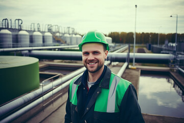 Sewage treatment plant employee portrait , wearing green security outfit, domestic wastewater treatment facilities in background - obrazy, fototapety, plakaty