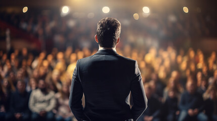 Back view of motivational speaker man standing on stage in front of audience for motivation speech on conference or business event