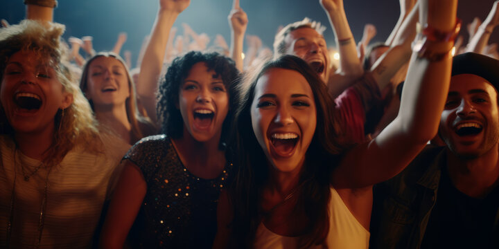 Front Row Of A Concert With A Group Of Excited Music Fans Looking Into The Camera Singing And Dancing