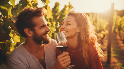 Happy romantic cheerful couple tasting wine in middle of the vineyard after the grape harvest with beautiful sun light