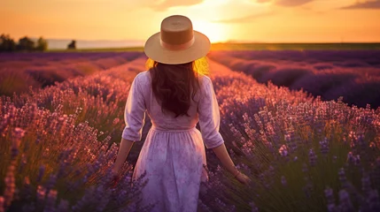 Foto op Plexiglas Weide Happy caucasian woman with long hair and a hat walking through in purple lavender flowers field