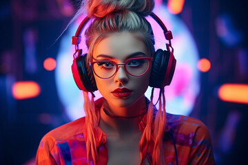 A young woman in braids and glasses and headphones on her head. AI generative.