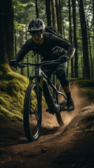 Man on this electric mountain bike in middle of the forest