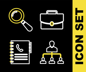 Set line Briefcase, Referral marketing, Phone book and Magnifying glass icon. Vector