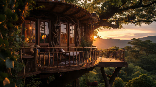 Luxury treehouse home architecture concept image with a wooden house in middle of lush tree forest