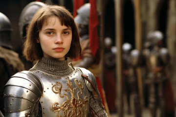 Young woman costumed as Joan of Arc aka Jeanne d'Arc wearing a knight plate armor and short bobbed hair - obrazy, fototapety, plakaty