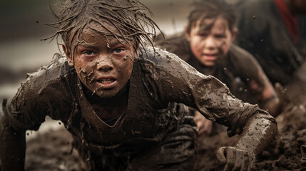 a child gleefully jumping into a puddle of mud