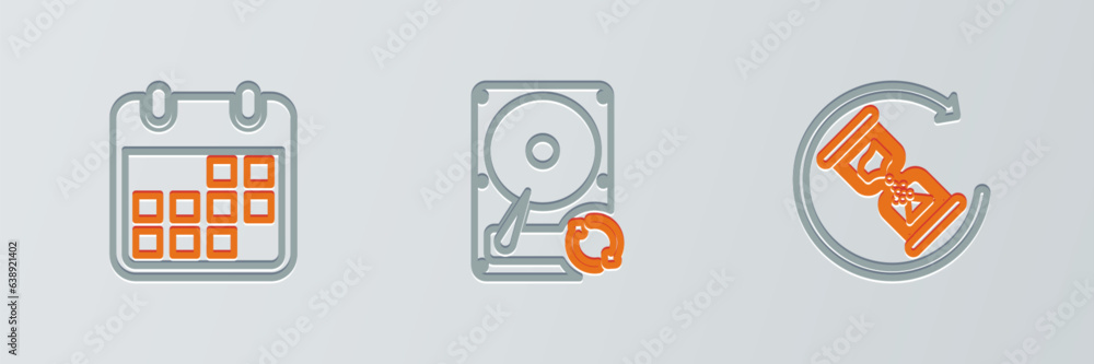Poster set line waiting, calendar and hard disk drive hdd sync refresh icon. vector