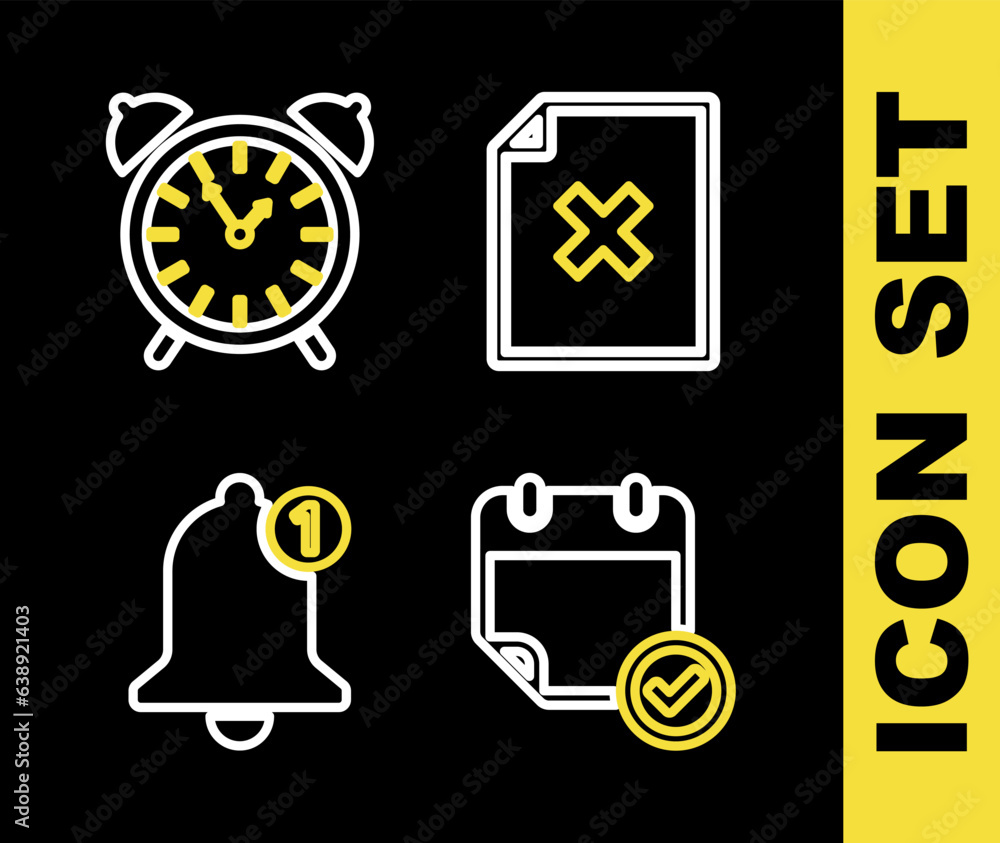 Poster set line delete file document, calendar with check mark, bell and alarm clock icon. vector