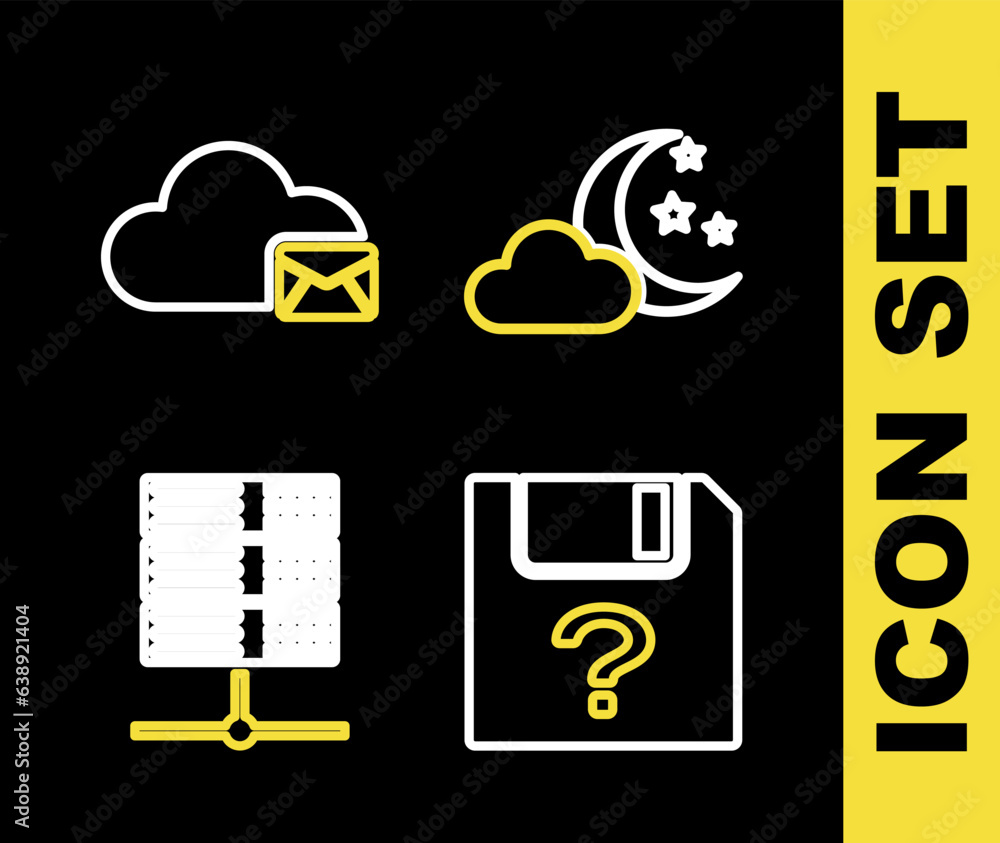 Poster set line cloud with moon and stars, unknown document, server, data, web hosting and mail server icon