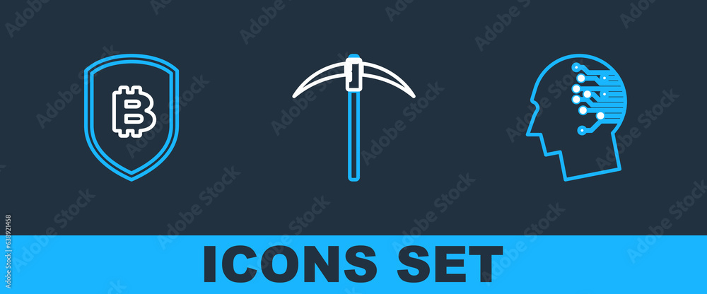 Poster set line bitcoin think, shield with bitcoin and pickaxe icon. vector