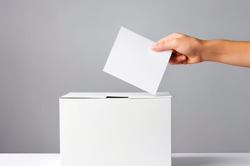 Hand Holding Ballot Paper in Front of Ballot Box. Concept of Caucasian Businessman Casting Vote for Candidate in Election