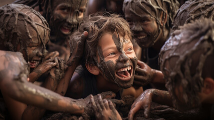 Mud Mask Fun: A close-up of a group of children applying mud masks to their faces