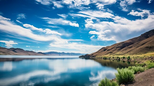 Scenic Beauty of Tooele Utah: Settlement Canyon Reservoir Amidst Rolling Hills and Blue Skies with White Puffy Clouds and Mountain Views