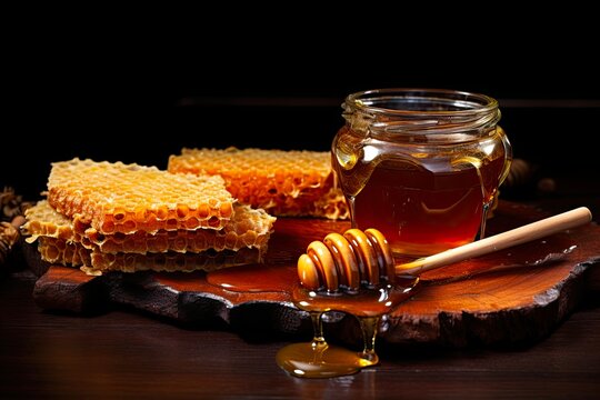 Miel - Sweet Honey from the Hive. Isolated Glasses of Pure Honey with Beeswax and Honeycomb on Wooden Background