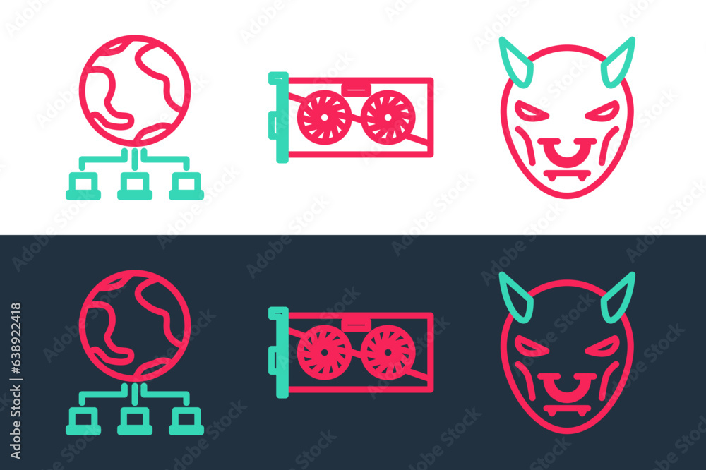 Poster set line mask of the devil with horns, computer network and video graphic card icon. vector