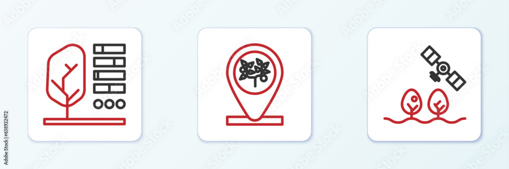 Poster set line smart farm with drone, plant status and location and tree icon. vector
