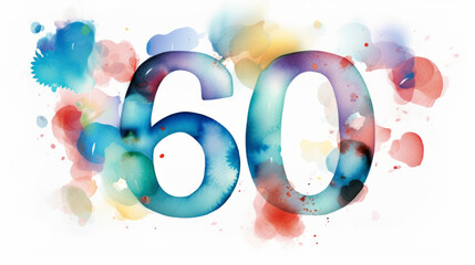 Watercolor 60th birthday clip art with 60 figures and balloons isolated on white background