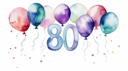 Watercolor 80th birthday clip art with 80 figures and balloons isolated on white background