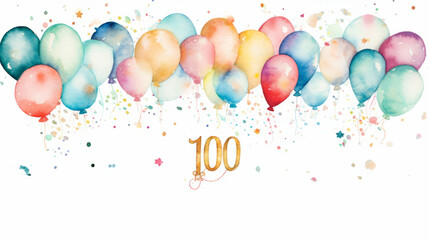 Watercolor 100th birthday clip art with 100 figures and balloons isolated on white background