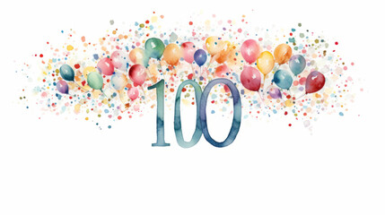 Watercolor 100th birthday clip art with 100 figures and balloons isolated on white background
