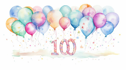Watercolor 100th birthday clip art with 100 figures and balloons isolated on white background