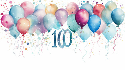 Watercolor 100th birthday clip art with 100 figures and balloons isolated on white background