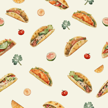 a seamless pattern of mexican food taco with a watercolor style cartoon illustration