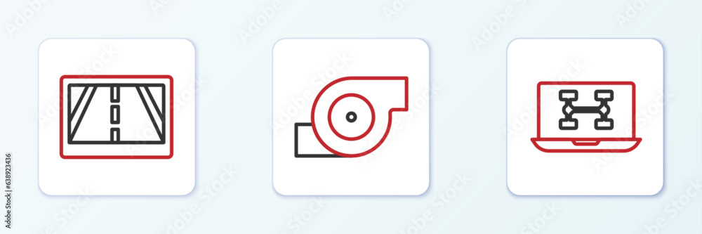 Poster set line diagnostics condition of car, gps device with map and automotive turbocharger icon. vector